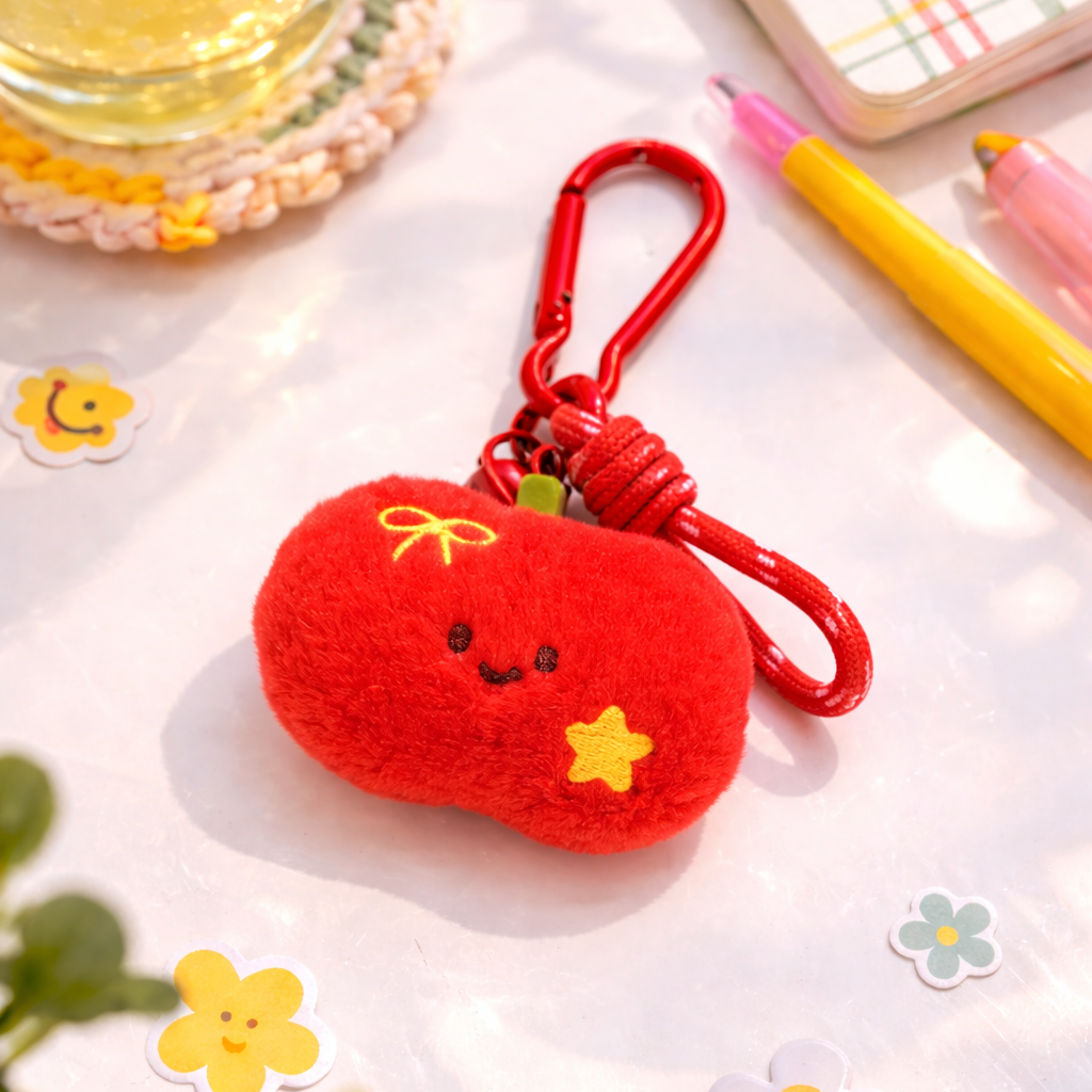 Red plush keychain with a smiling face on a white surface with decorative elements.
