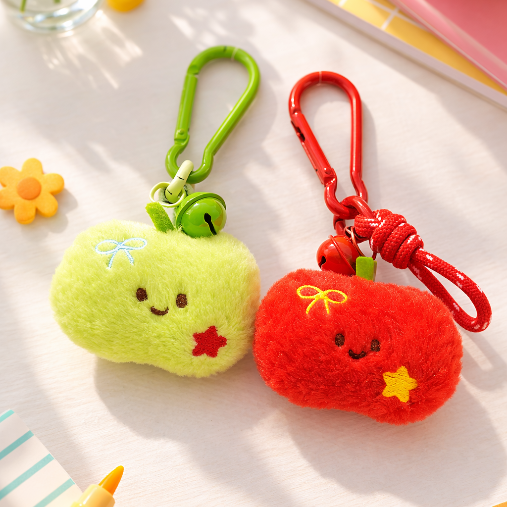 Two colorful plush keychains on a light surface with stationery items.