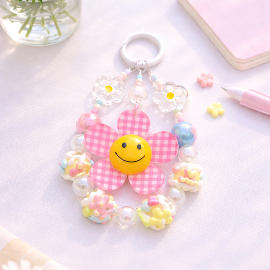 Flower-shaped keychain with smiley face on a light surface with flowers and a notebook.