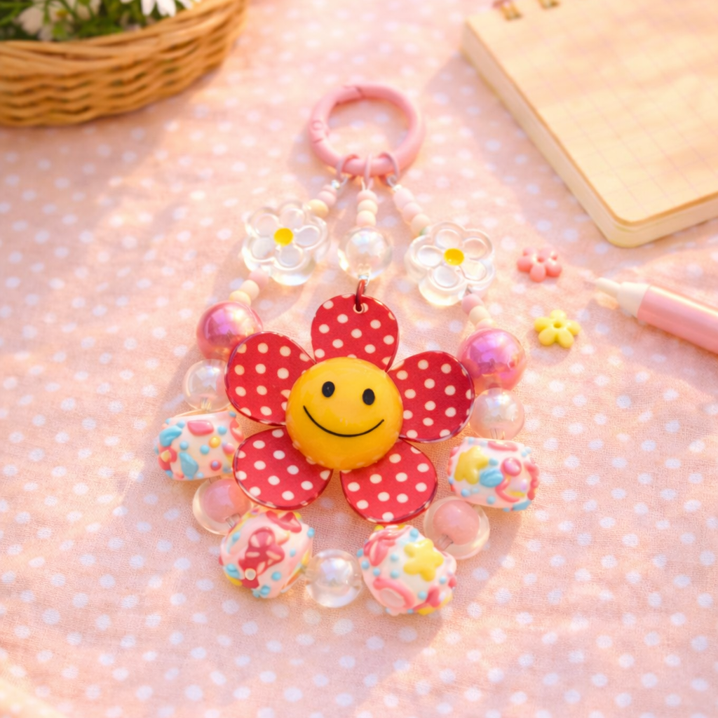 Colorful flower-shaped keychain with smiley face on a pink polka dot surface with flowers and a notebook.