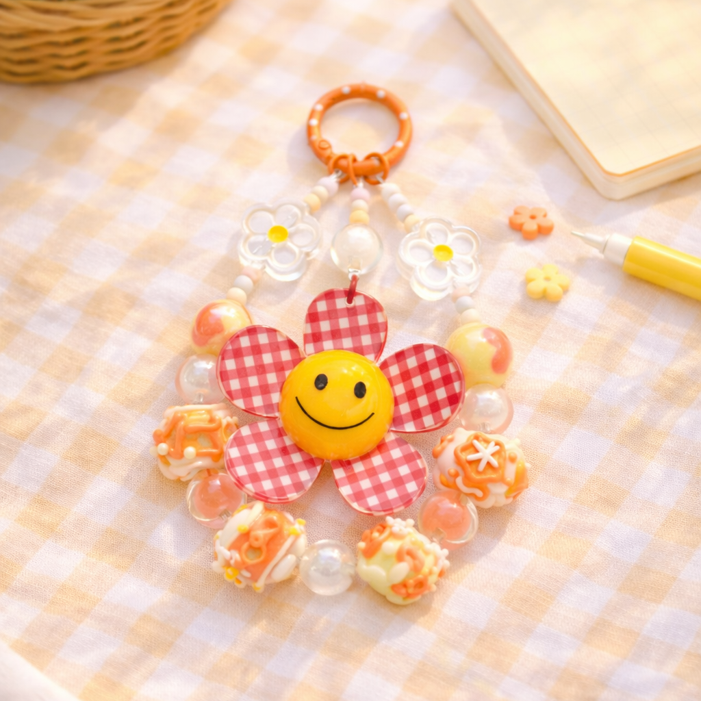Decorative keychain with smiley face design on a checkered fabric background