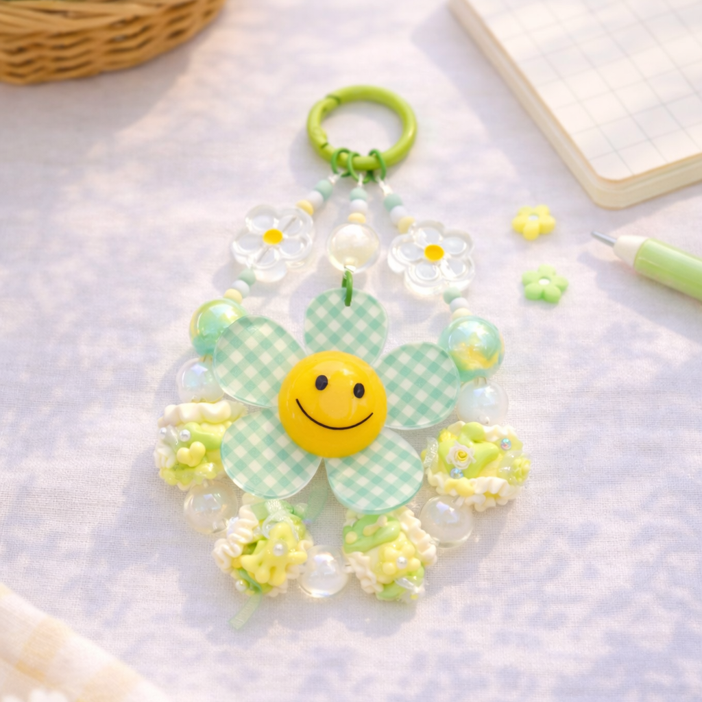 Flower-shaped keychain with a smiley face on a light surface with flowers and a notebook.