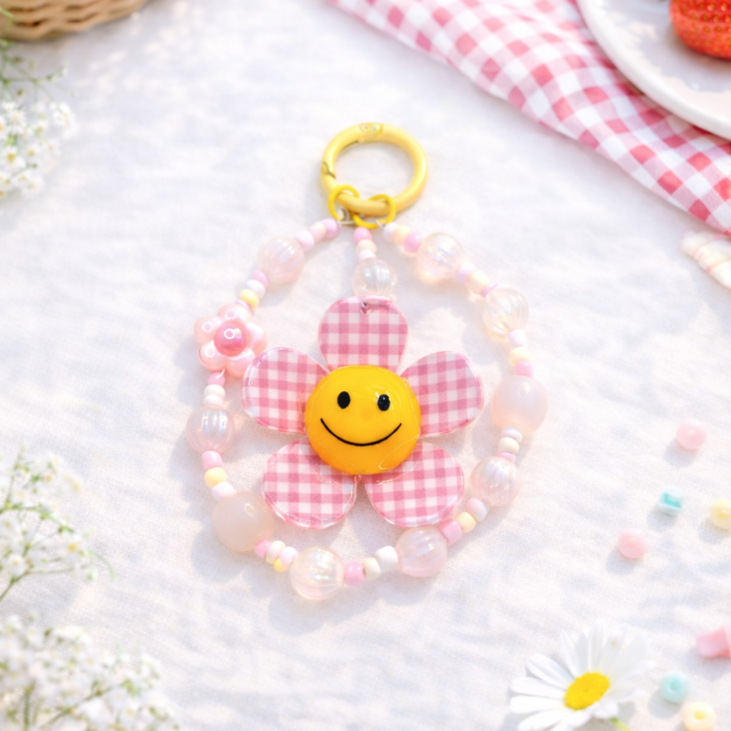 Flower-shaped keychain with a smiley face on a white surface with flowers and strawberries.