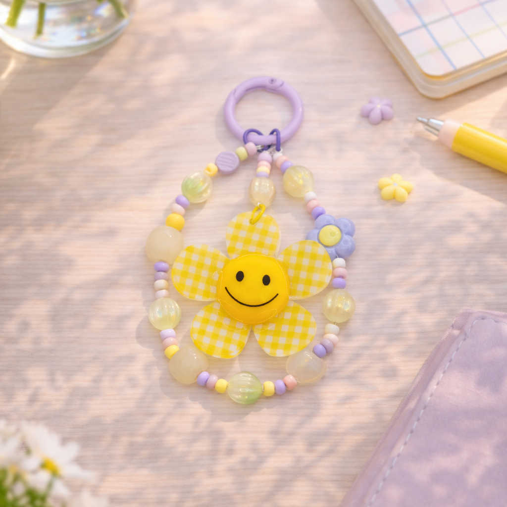 Children's toy with a smiley face on a light wooden surface with flowers and a notebook.
