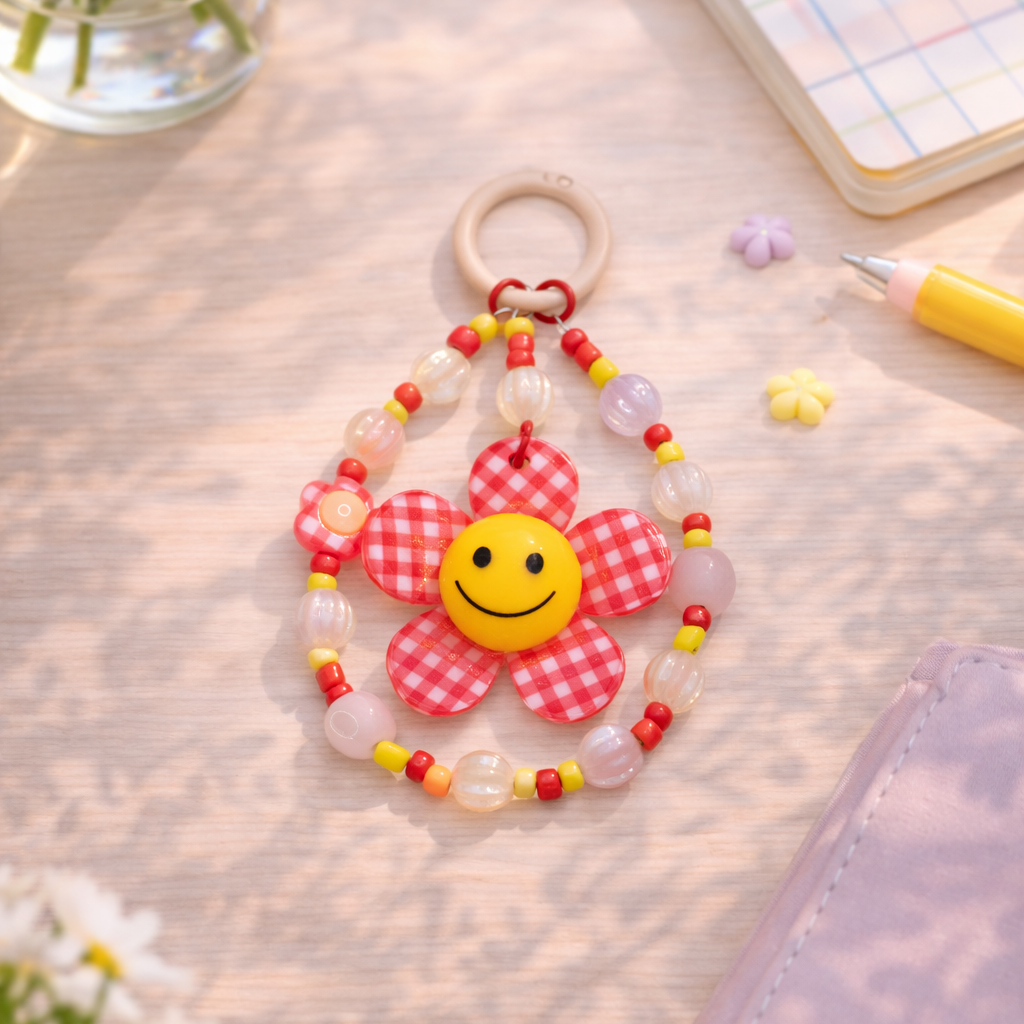Keychain with a smiley face flower design on a desk with flowers and a notebook.