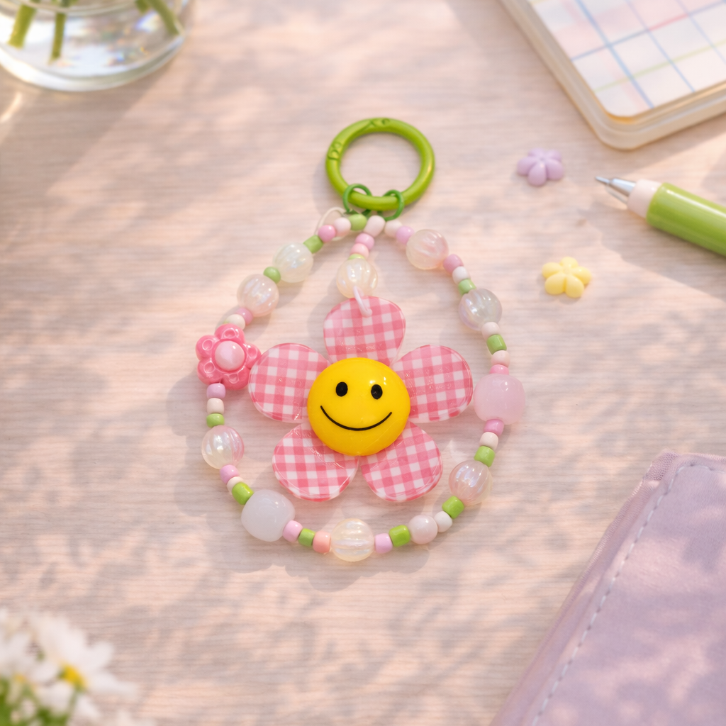 Pink flower-shaped keychain with a smiley face on a desk with flowers and a notebook.