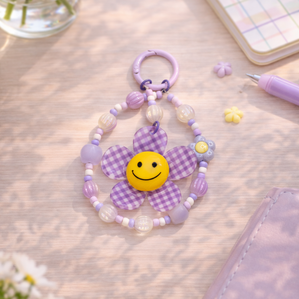 Purple beaded flower charm with a smiley face on a light surface with flowers and a notebook.