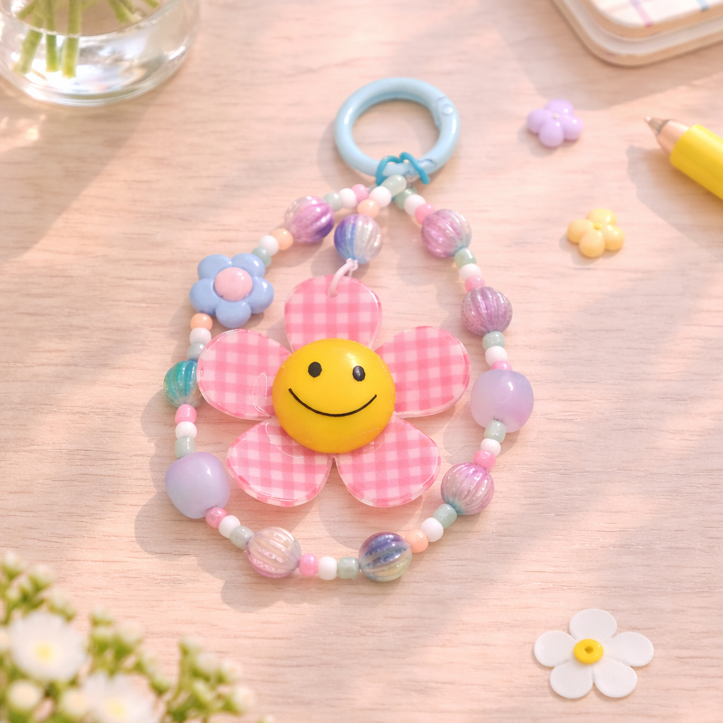 Colorful baby teething toy with a smiley face on a wooden surface with flowers and a phone.
