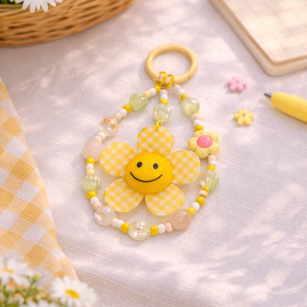 Yellow sun-shaped keychain with beads on a light surface with flowers and a basket.