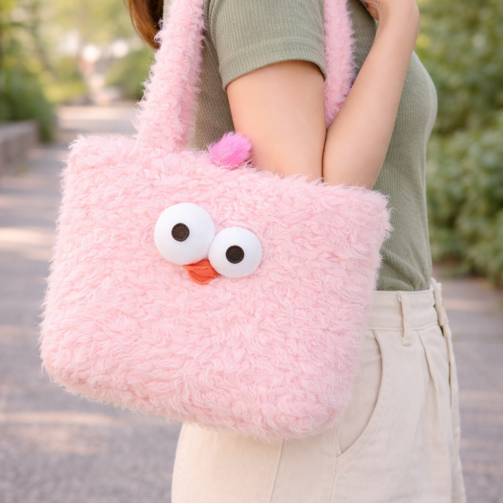 Person holding a pink fluffy bag with googly eyes and a smiley face.
