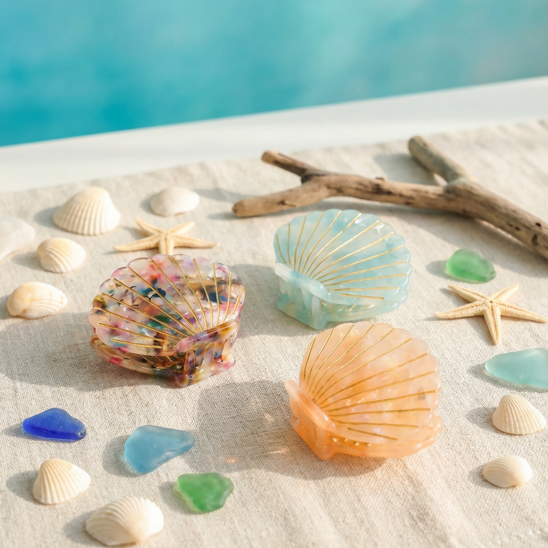 Colorful seashell hair claws and starfish on a sandy surface with a blue water background