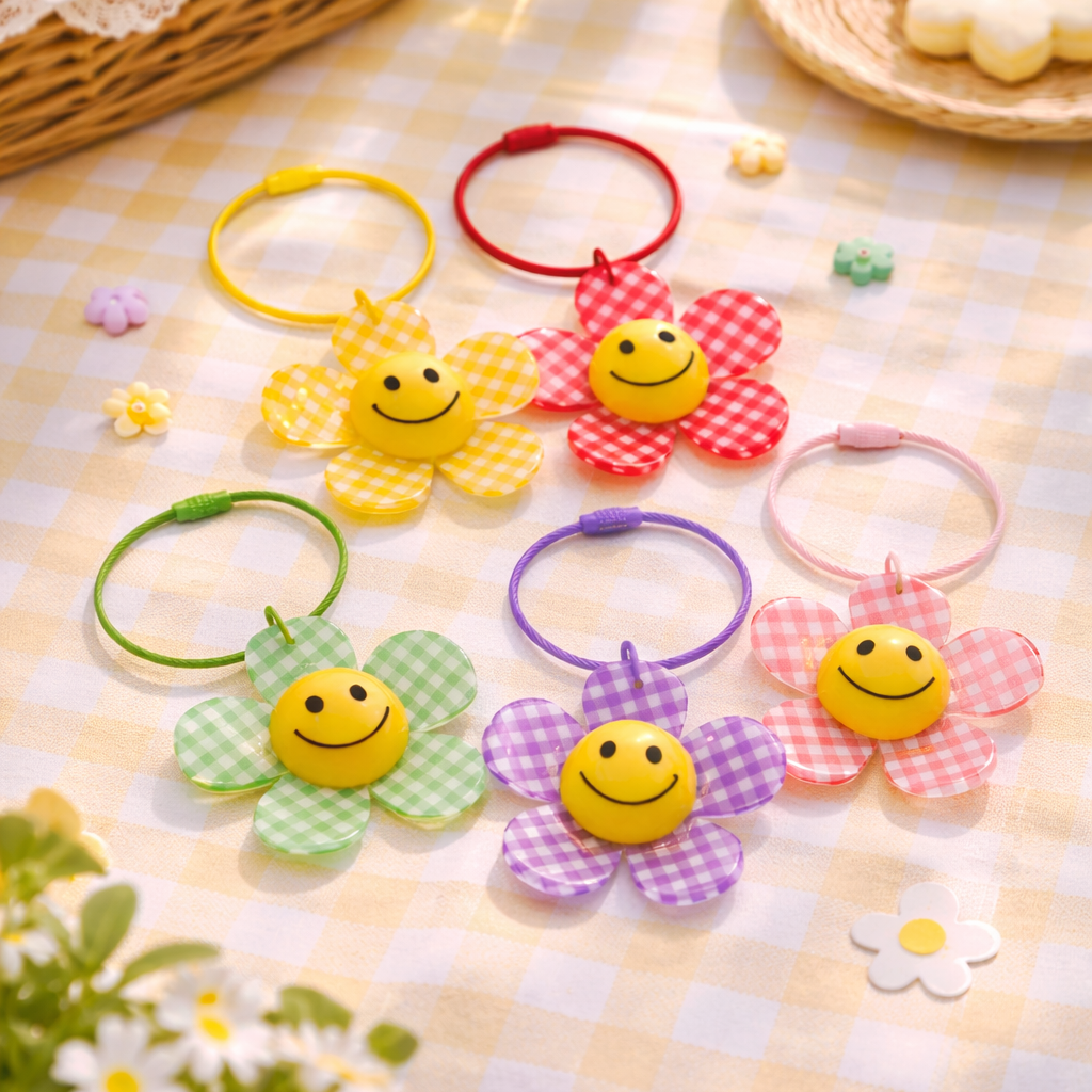 Colorful hair accessories with smiley faces on a checkered tablecloth with flowers and a basket in the background.
