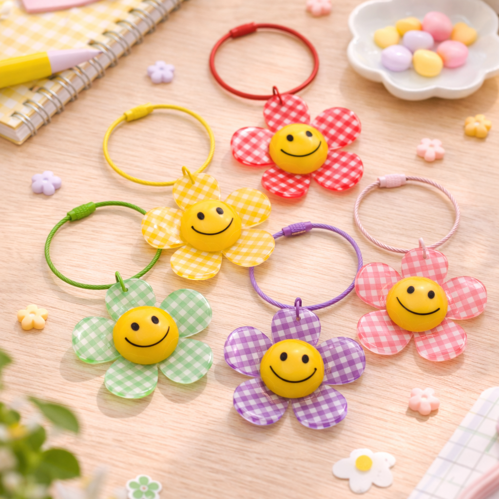 Colorful flower-shaped hair ties with smiley faces on a wooden surface.
