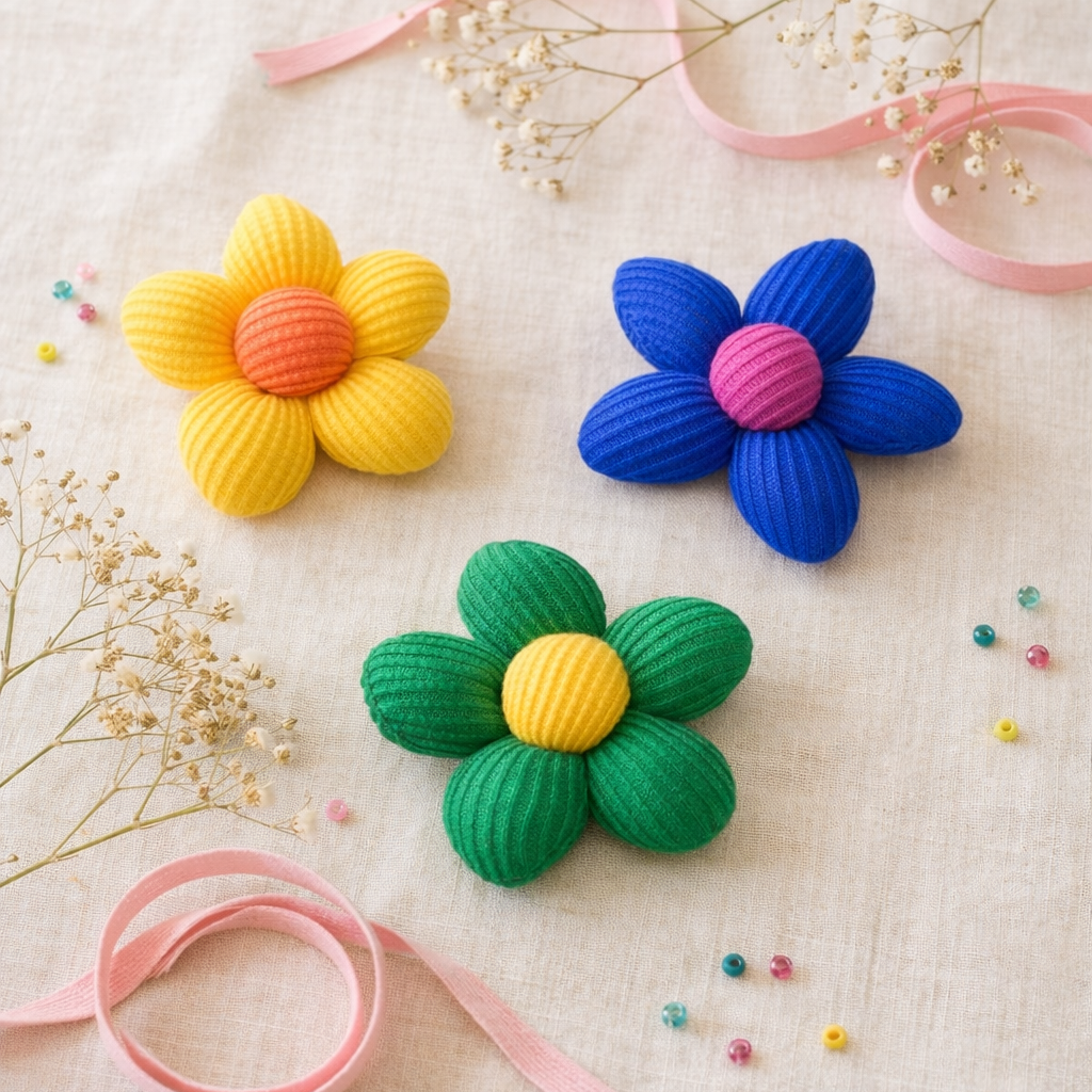 Colorful flower-shaped objects on a light background with ribbons and small flowers.