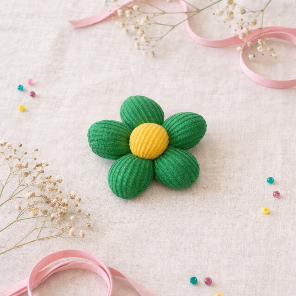 Green flower-shaped object with a yellow center on a light background with ribbons and flowers.