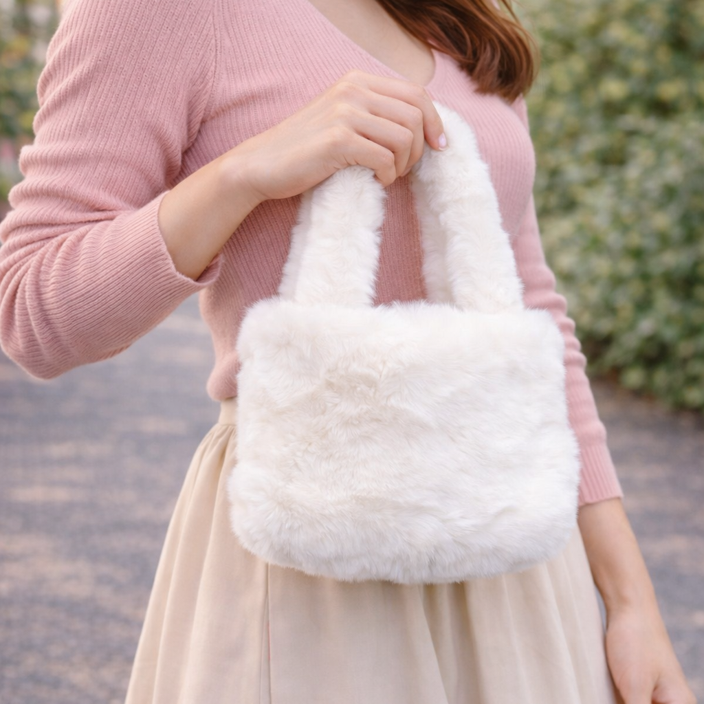 Woman holding a white fluffy bag outdoors
