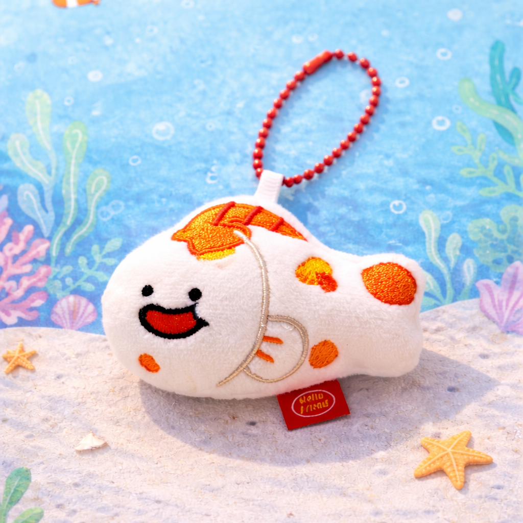 Plush toy with a red tag on an underwater-themed background
