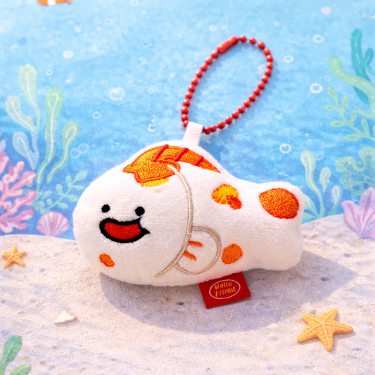 Plush toy with a red tag on an underwater-themed background