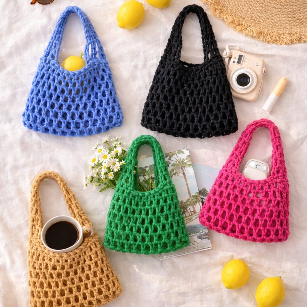 Five colorful crochet bags on a textured surface with lemons and a camera.