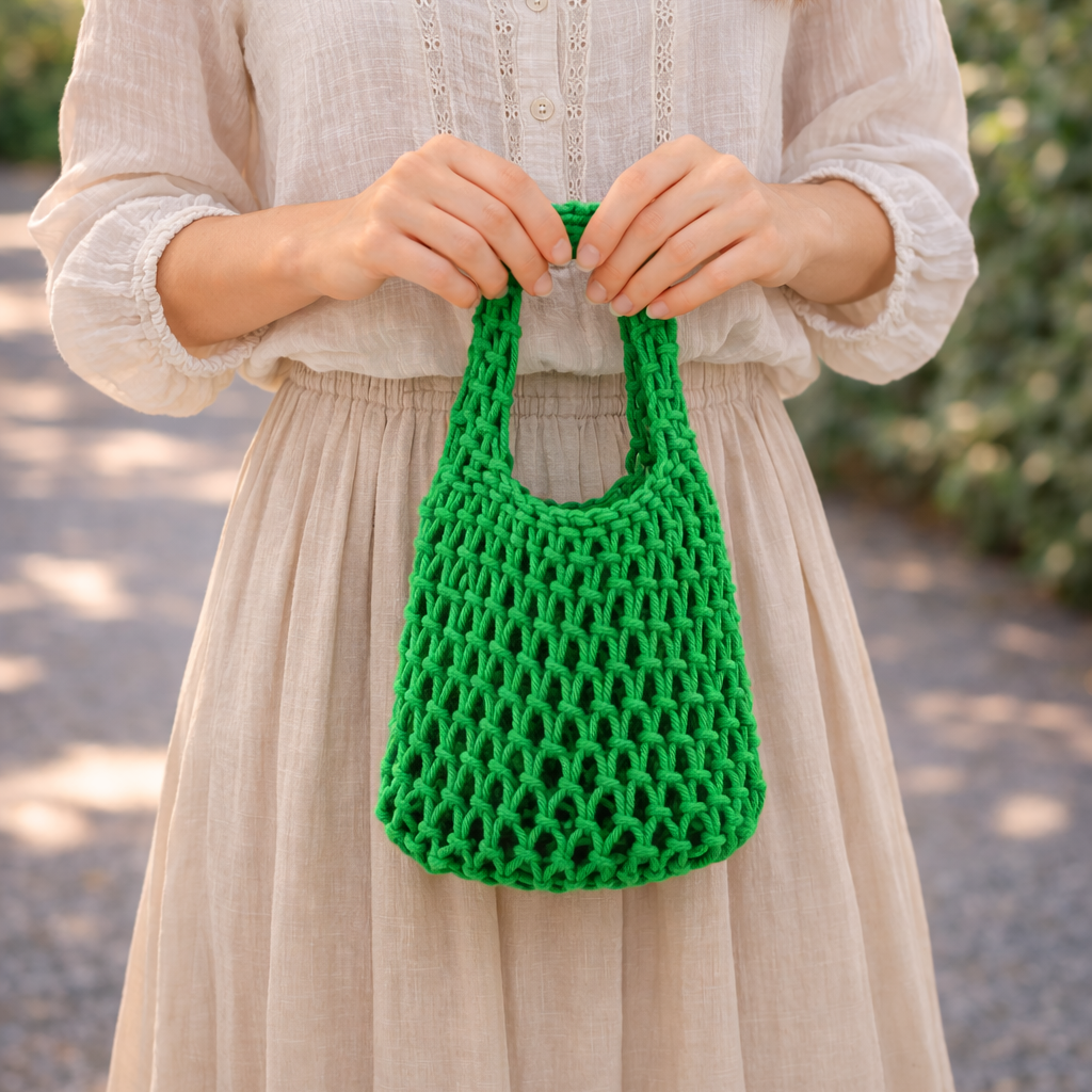 Woman holding a green knitted bag outdoors