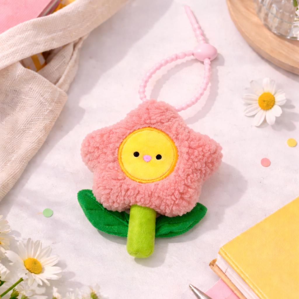 Flower-shaped plush keychain with a smiling face on a light surface with stationery items.