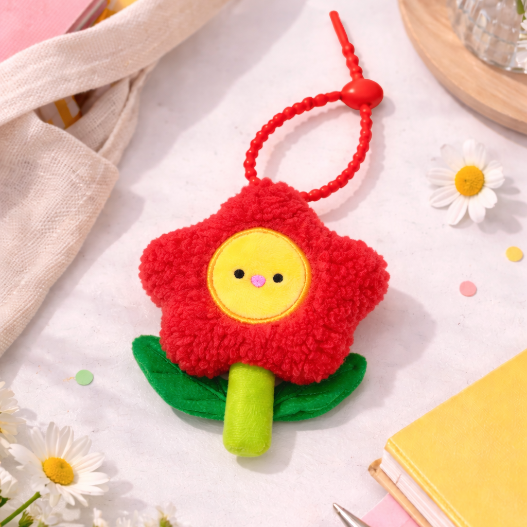 Red flower-shaped keychain with a yellow center on a light surface with flowers and stationery items.