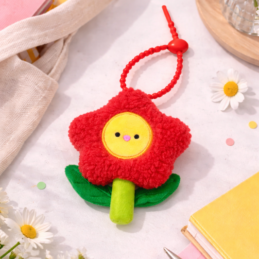 Red flower-shaped keychain with a yellow center on a light surface with flowers and stationery items.